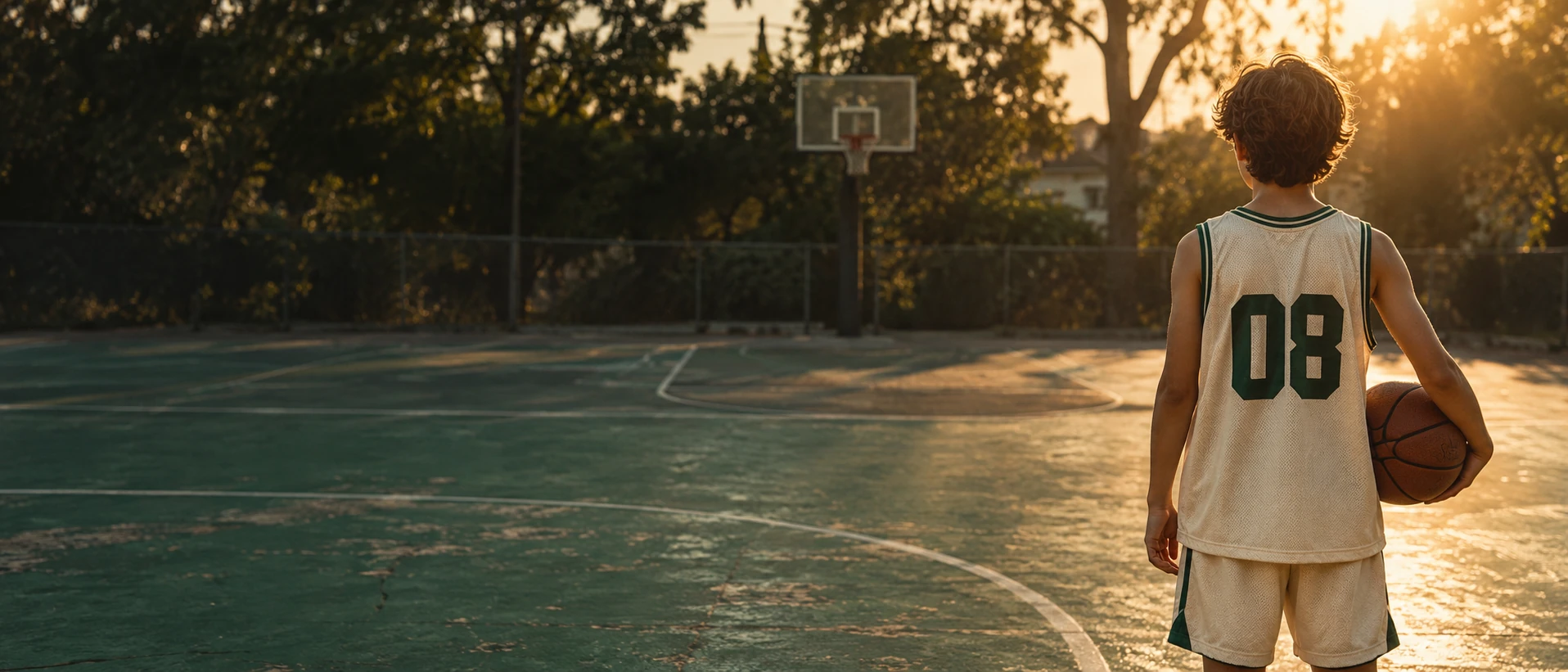 Fictional young basketball player looking across a sunlit outdoor court, seen from behind