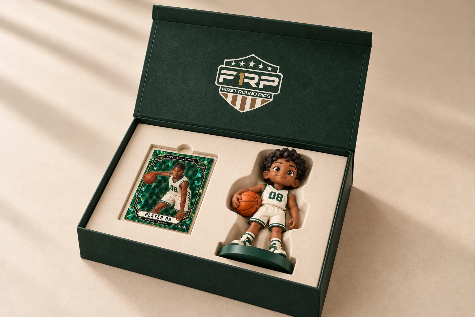 Generated presentation preview of the matching open box with a cream tray, card and character figure